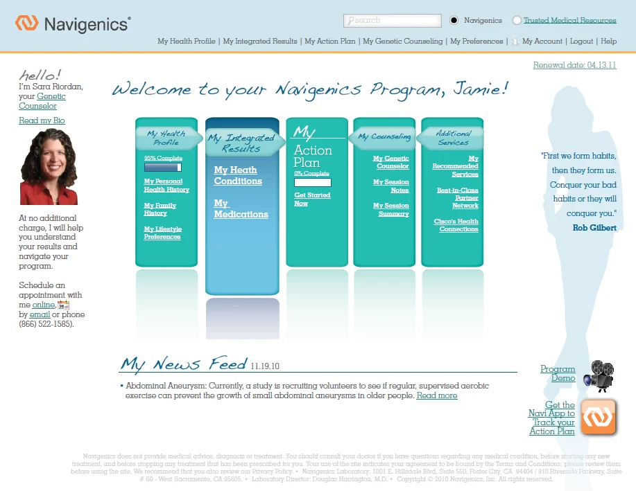 Navigenics personal action plan website interface